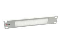 Rackmount-Blindplatte aus Metall mit einem langen rechteckigen Ausschnitt und Schraubenlöchern an jeder Ecke auf weißem Hintergrund