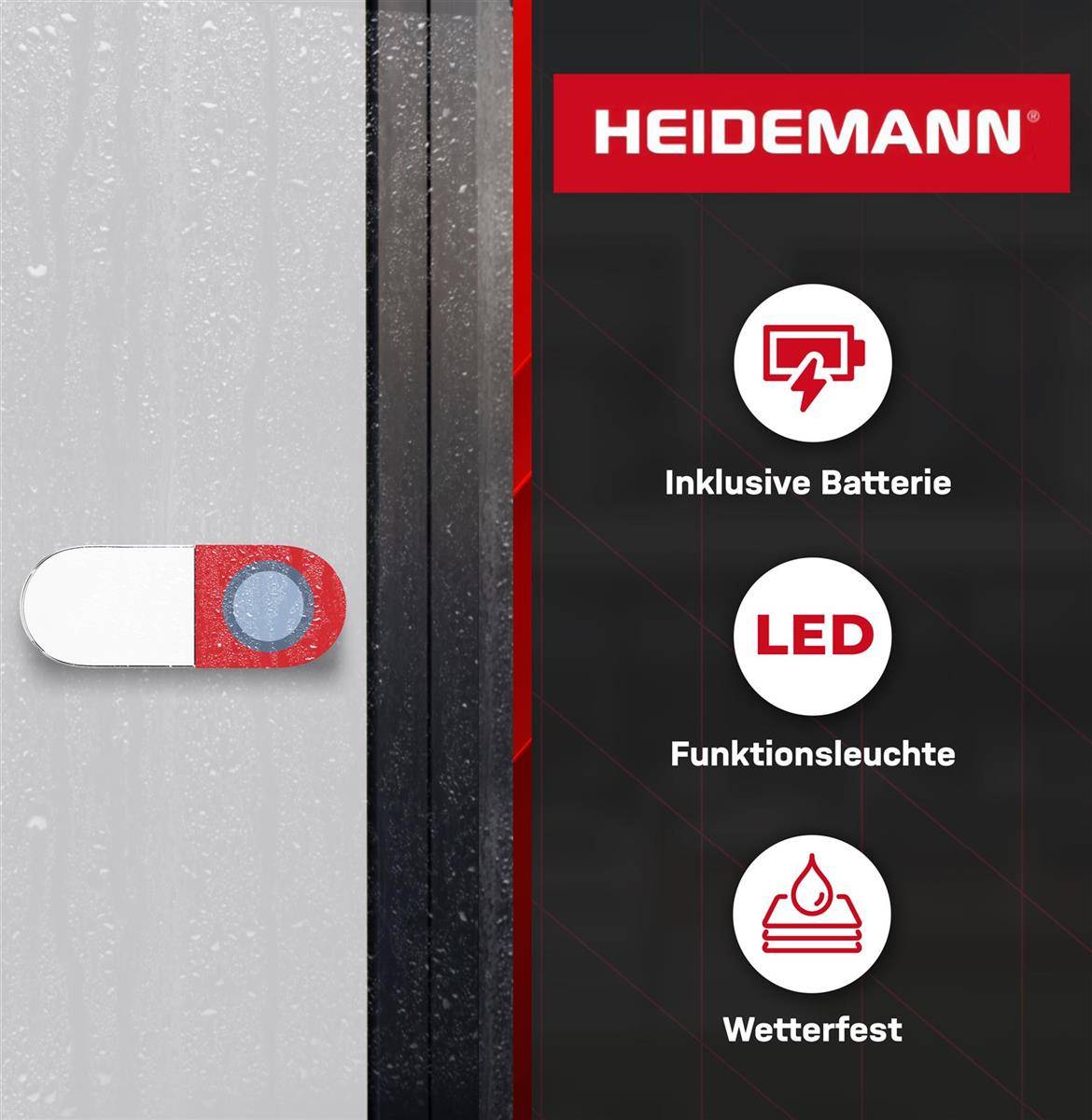 HEIDEMANN wetterfeste LED-Türklingel mit enthaltenem Akku, montiert auf einer Türplatte gezeigt mit Funktionssymbolen für Akku, LED-Licht und Wetterbeständigkeit.