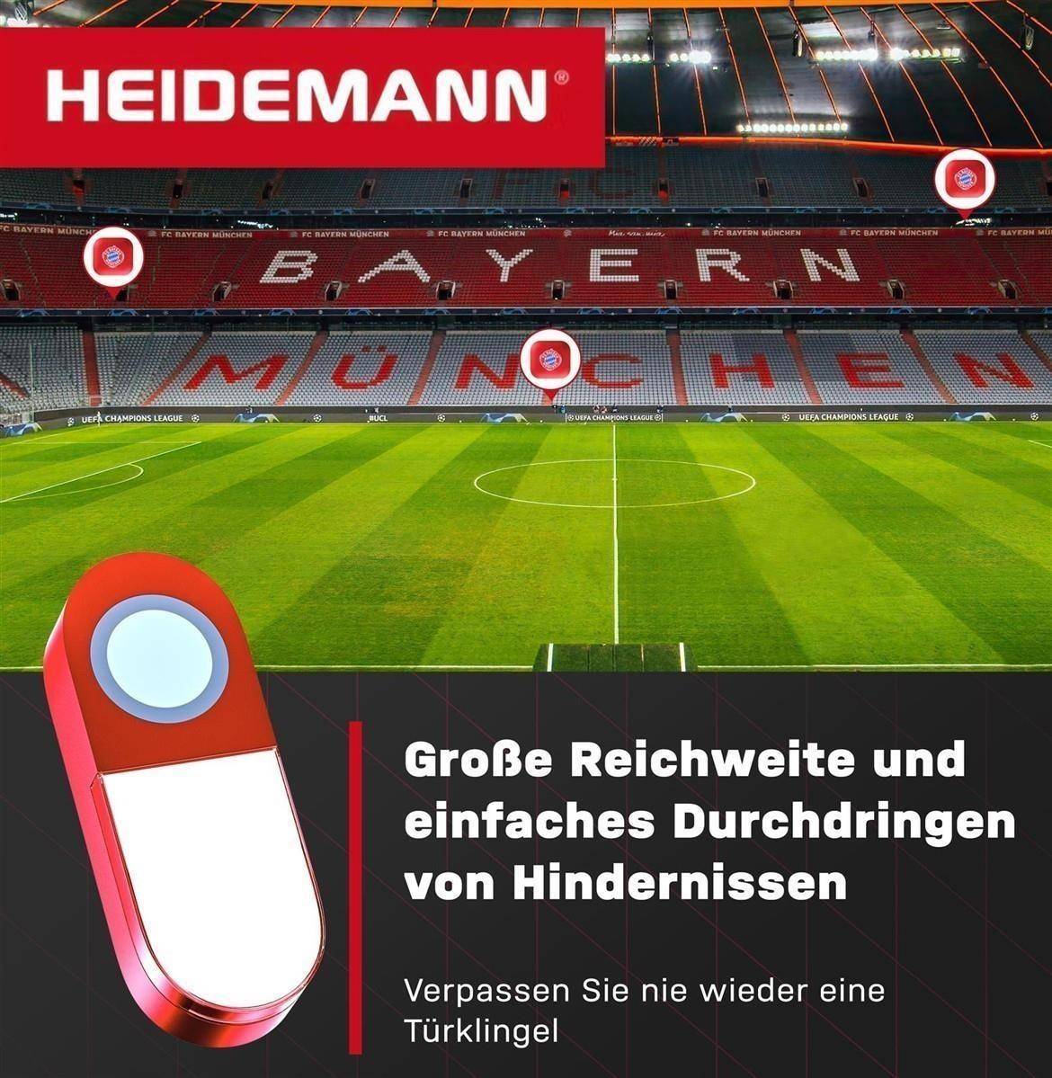 Heidemann-Werbebild über dem Münchner Stadion, das eine Türklingel mit den Texten „Große Reichweite und einfaches Durchdringen von Hindernissen" und „Verpassen Sie nie wieder eine Türklingel"" bewirbt.