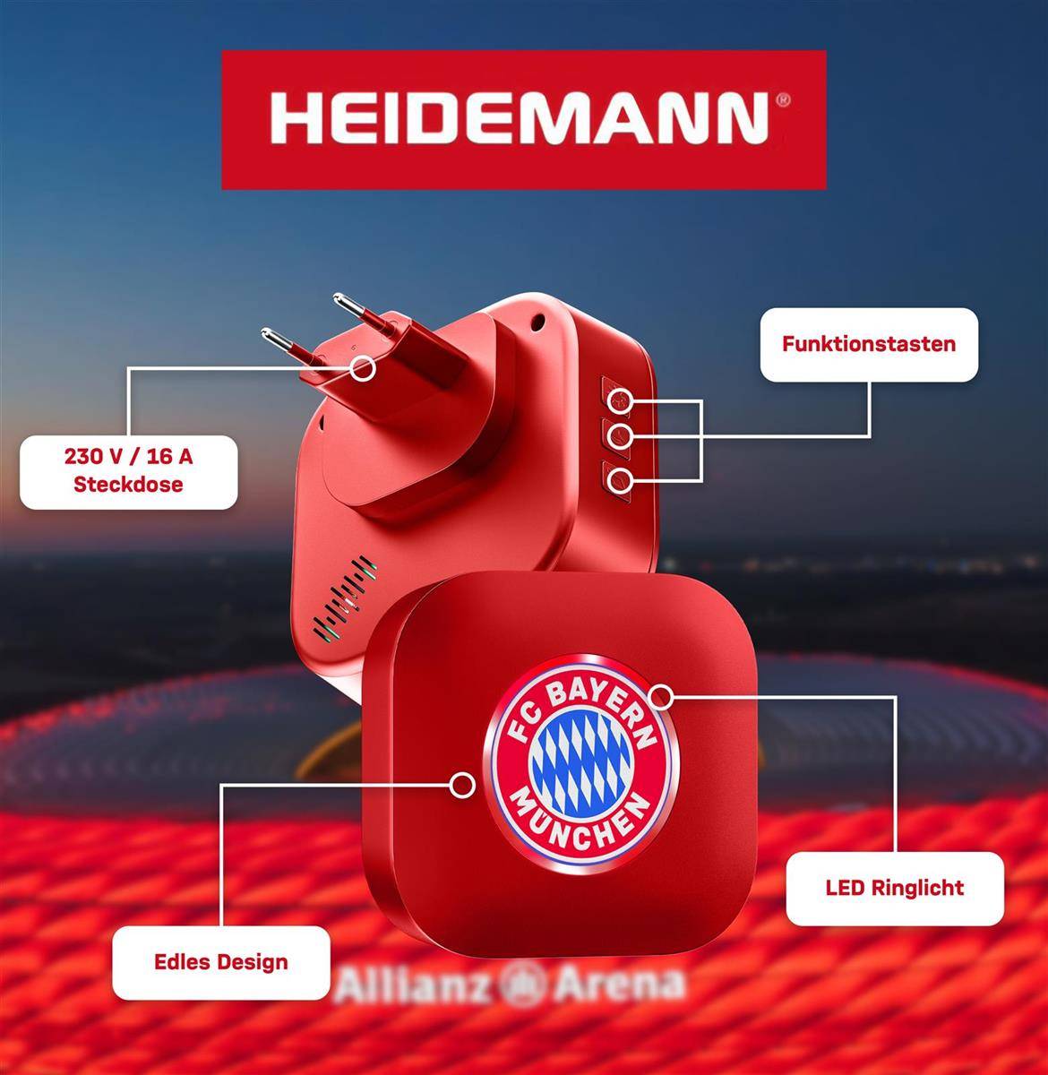 HEIDEMANN rot gekennzeichnetes Steckgerät mit FC Bayern München Logo, gekennzeichnet mit 230 V / 16 A Steckdose, Funktionstasten, LED-Ringlichtern und eleganter Gestaltung.