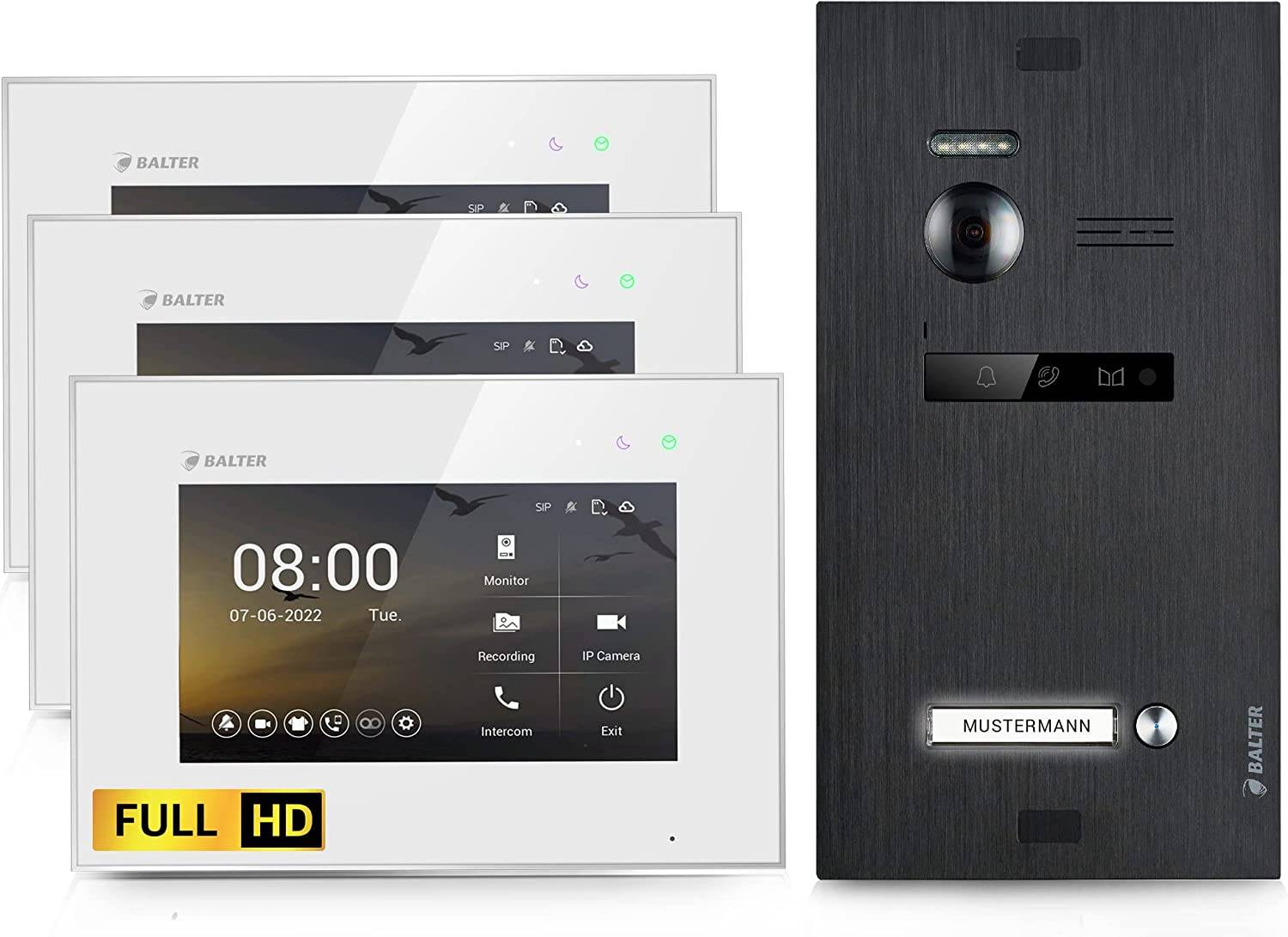 Balter EVO-HD Video Türsprechanlage, Video Türklingel mit Kamera, 1 Familienhaus Klingel, 3X 7 Zoll HD Monitore, Full HD-Kamera, 2 Draht Bus, Gegens