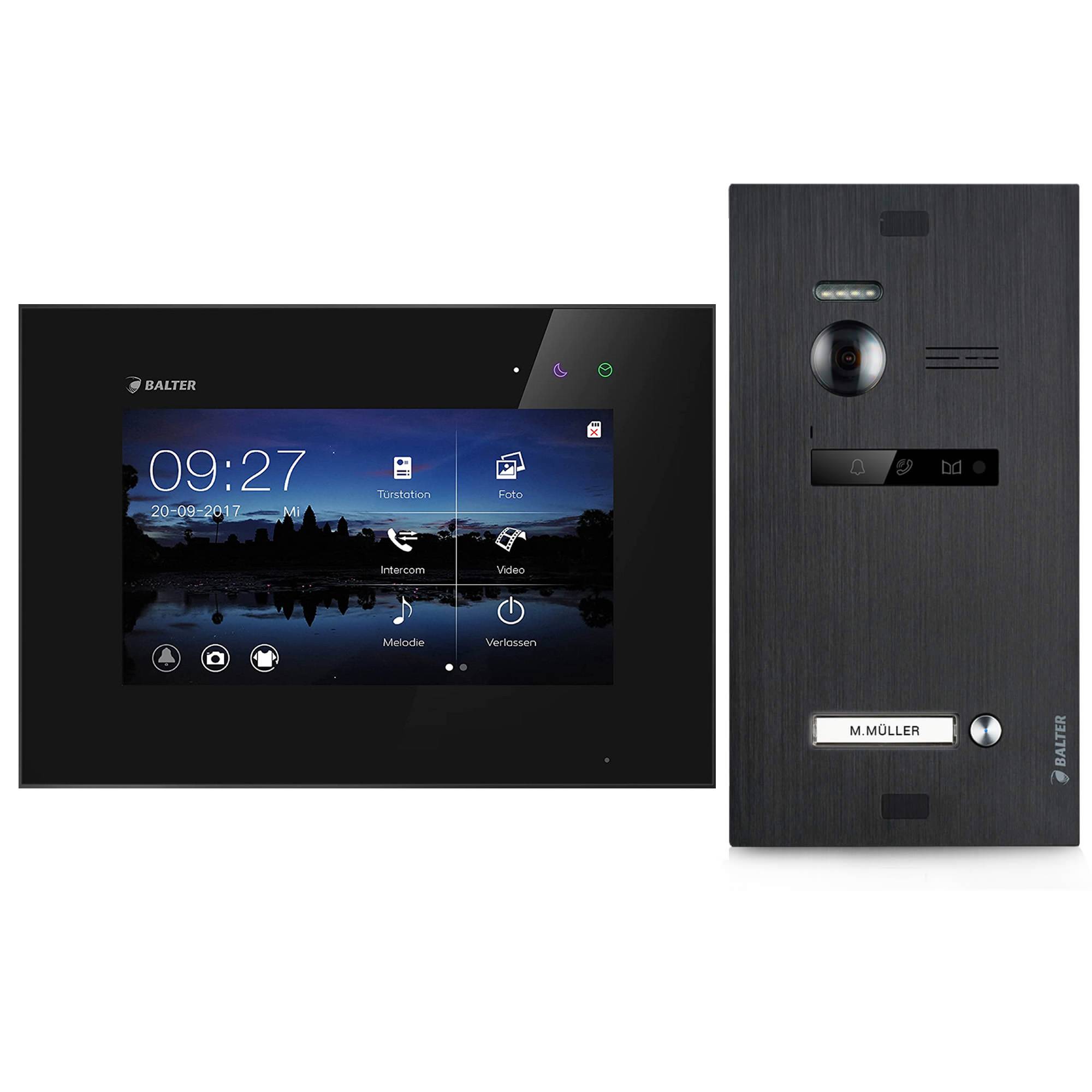 Balter EVO Video Türsprechanlage ✓ Touchscreen 7 Zoll Monitor Schwarz ✓ 2-Draht Bus ✓ Schwarze Türstation für 1 Familienhaus Türklingel ✓