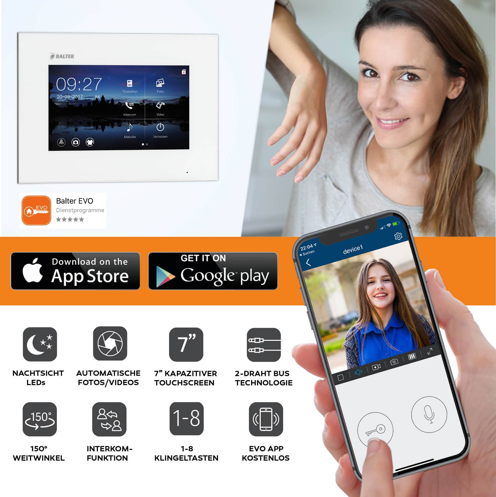 BALTER EVO Video Türsprechanlage ✓ Touchscreen 7 Zoll Monitor Schwarz ✓ Türstation für Mehrfamilienhaus Schwarz ✓ 2-Draht BUS ✓ 150° Weitw