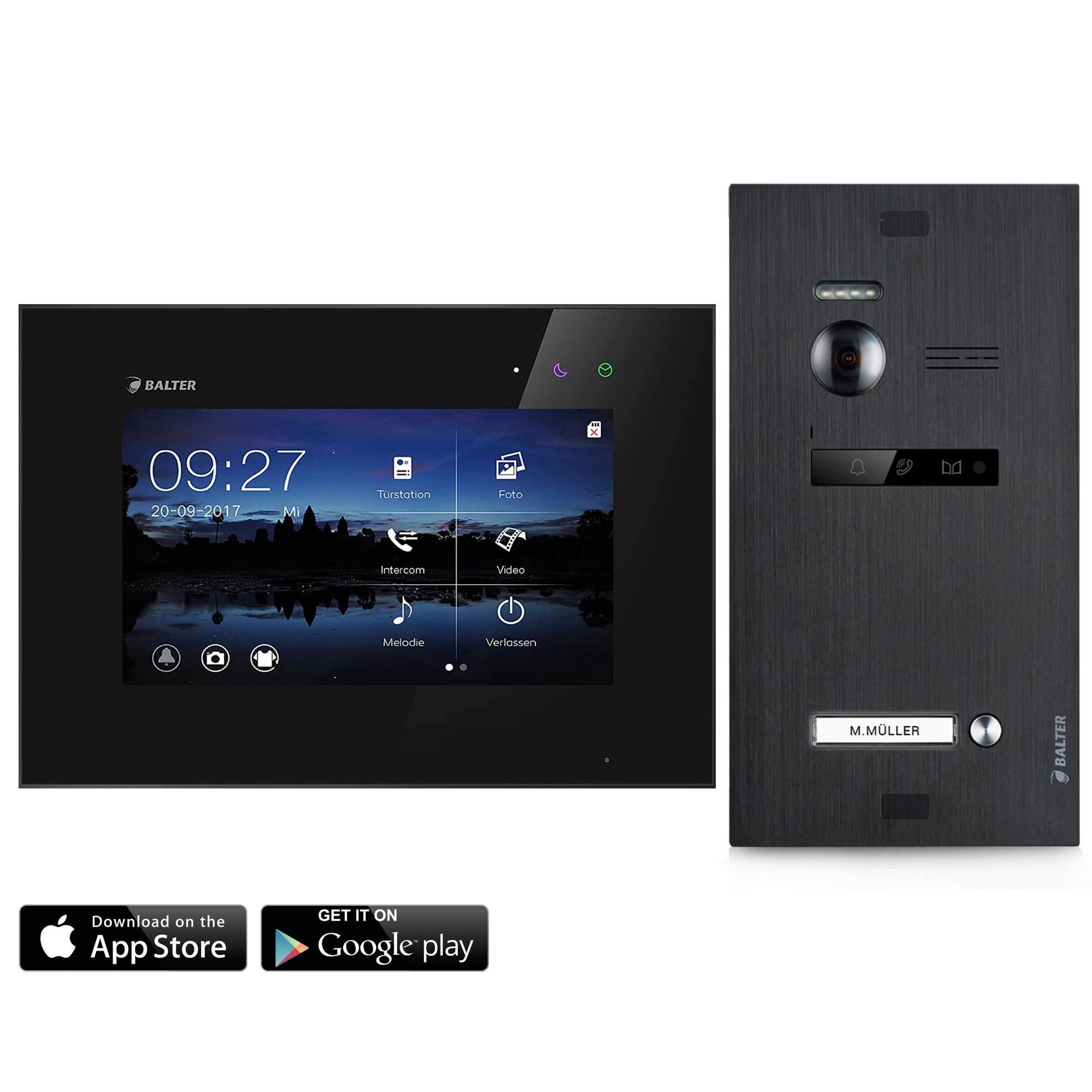 Video Türsprechanlage mit Smartphone App für 1 Familienhaus, Schwarz, 1x Monitor, Balter EVO WLAN Schwarz