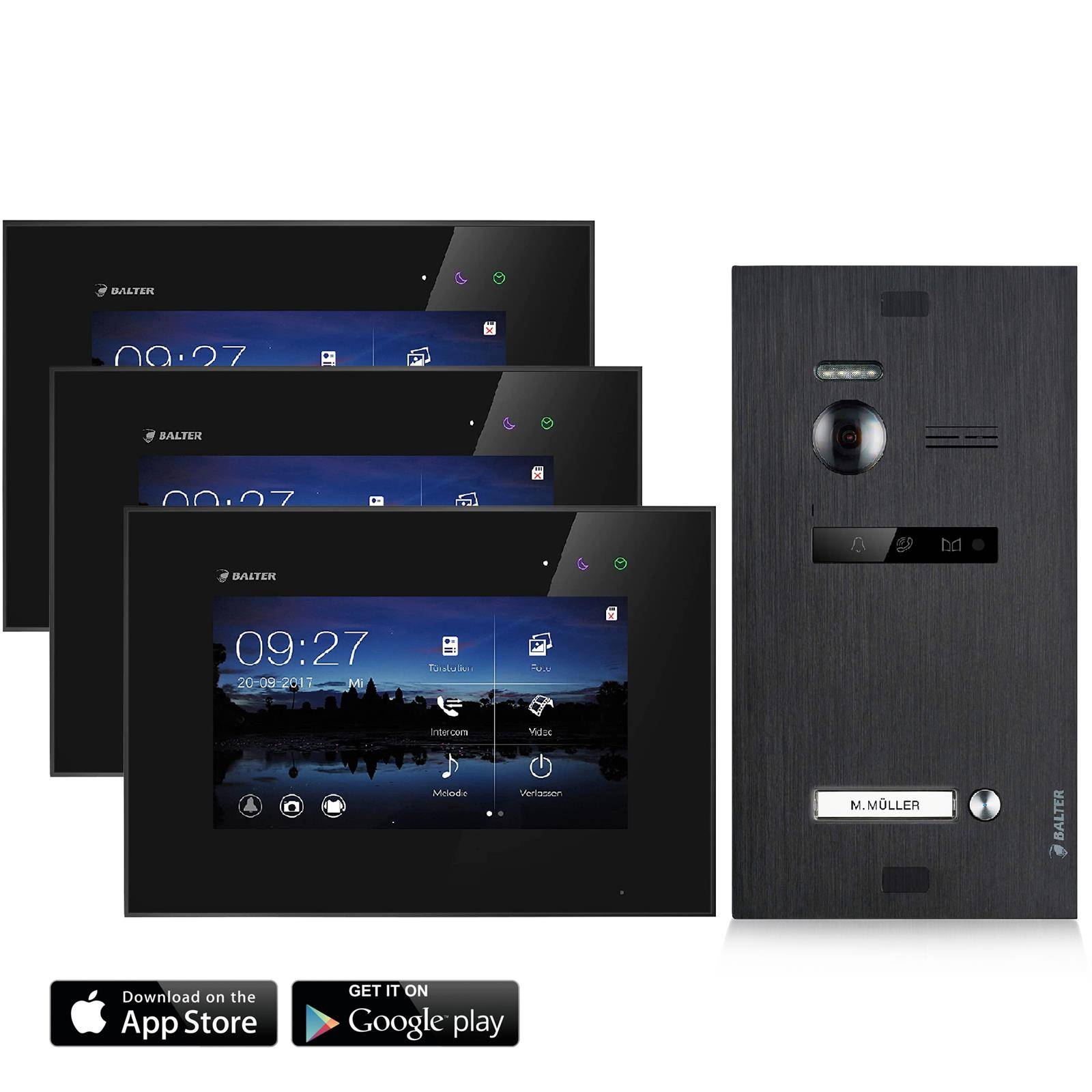 Balter EVO Video Türsprechanlage ✓ Touchscreen 7 Zoll Monitor Schwarz ✓ 2-Draht Bus ✓ Schwarze Türstation für 1 Familienhaus Türklingel ✓