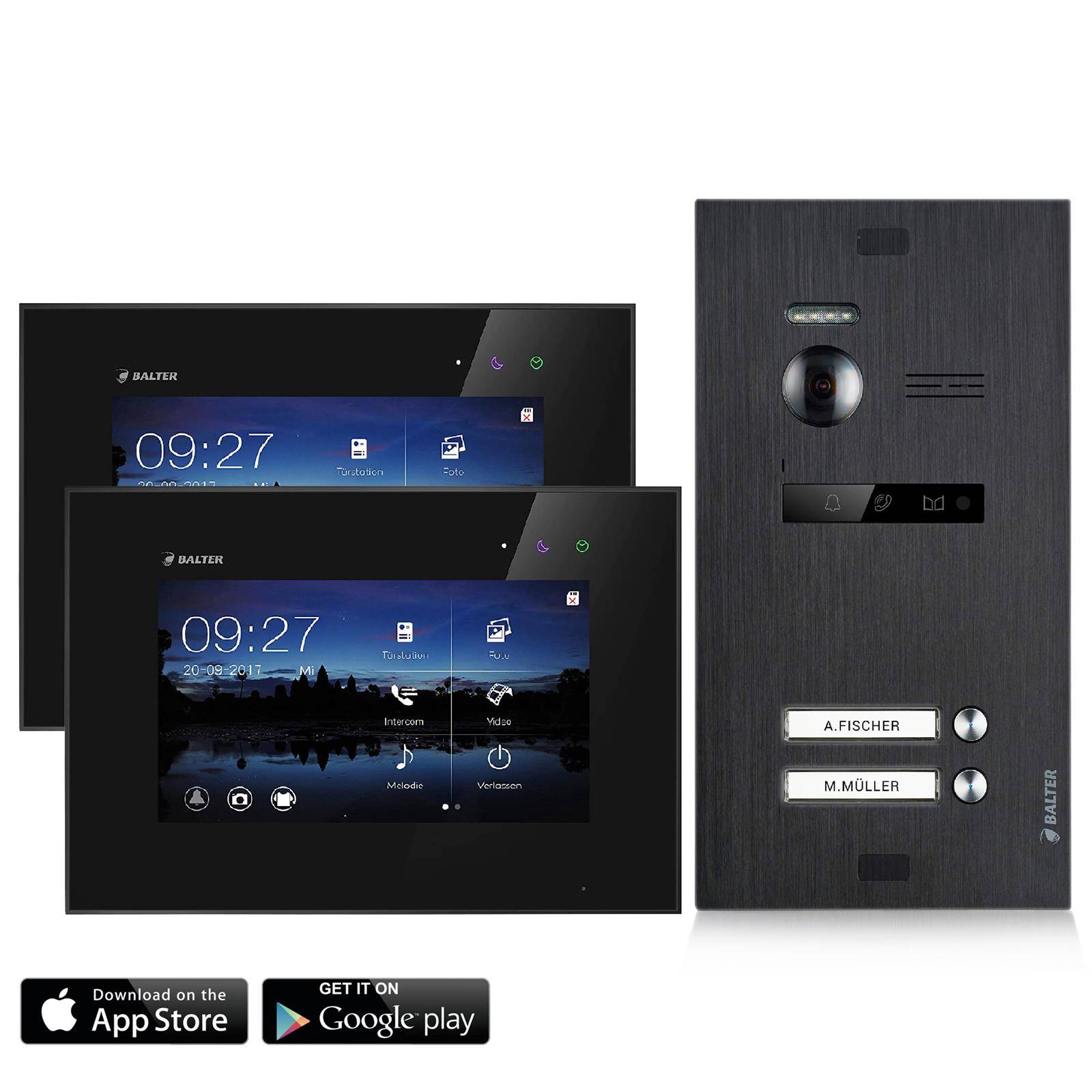 BALTER EVO Video Türsprechanlage ✓ Touchscreen 7 Zoll Monitor Schwarz ✓ Türstation für Mehrfamilienhaus Schwarz ✓ 2-Draht BUS ✓ 150° Weitw