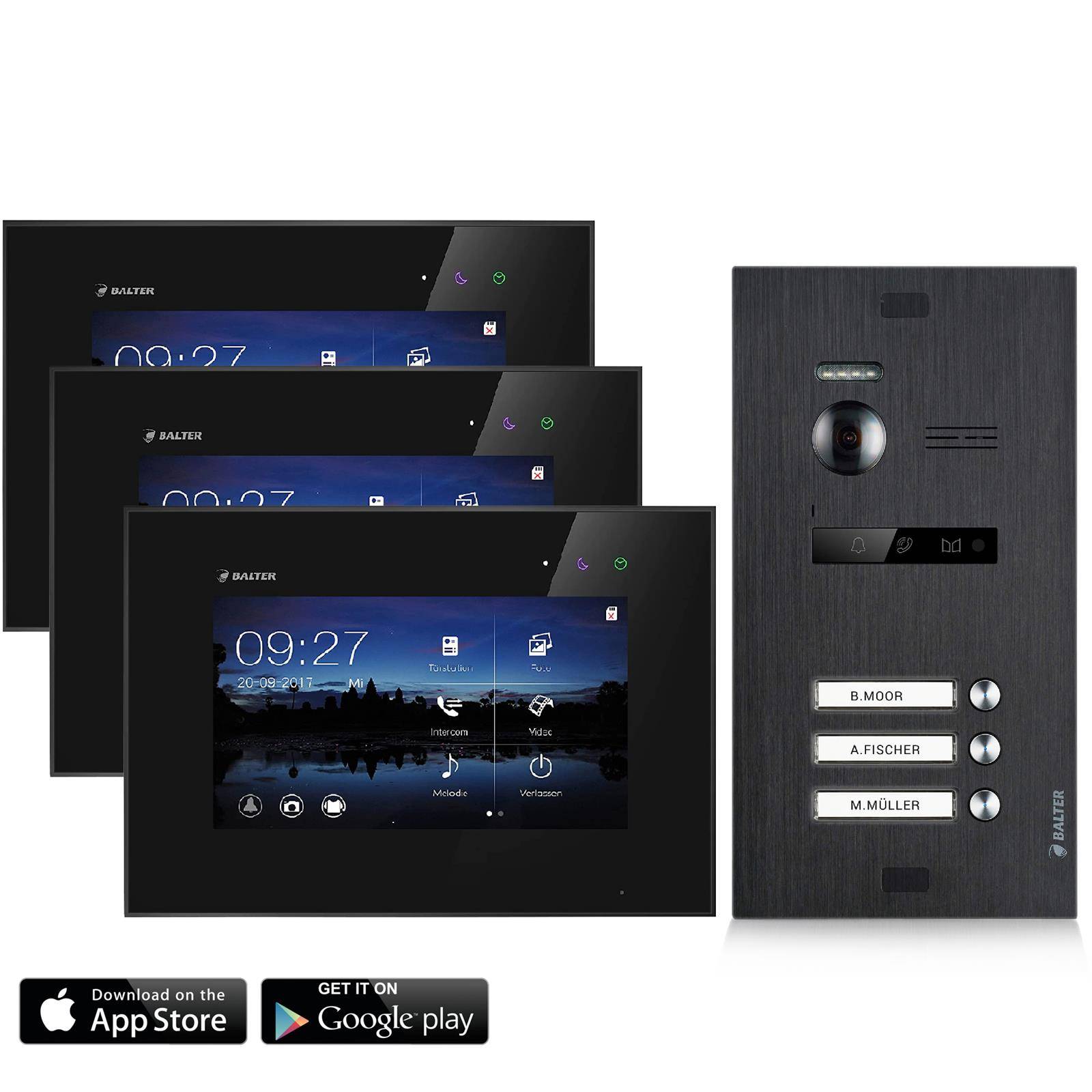 BALTER EVO Video Türsprechanlage ✓ Touchscreen 7 Zoll Monitor Schwarz ✓ Türstation für Mehrfamilienhaus Schwarz ✓ 2-Draht BUS ✓ 150° Weitw