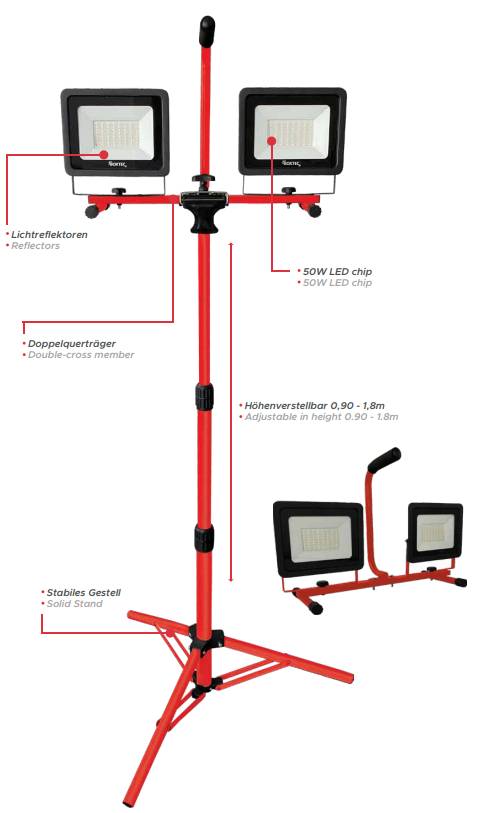 BOXTEC LED 100W (2x50W) Strahler auf Teleskopstativ 5m Gummikabel IP65-100 Watt (2 x 50W) Leuchten abnehmbar