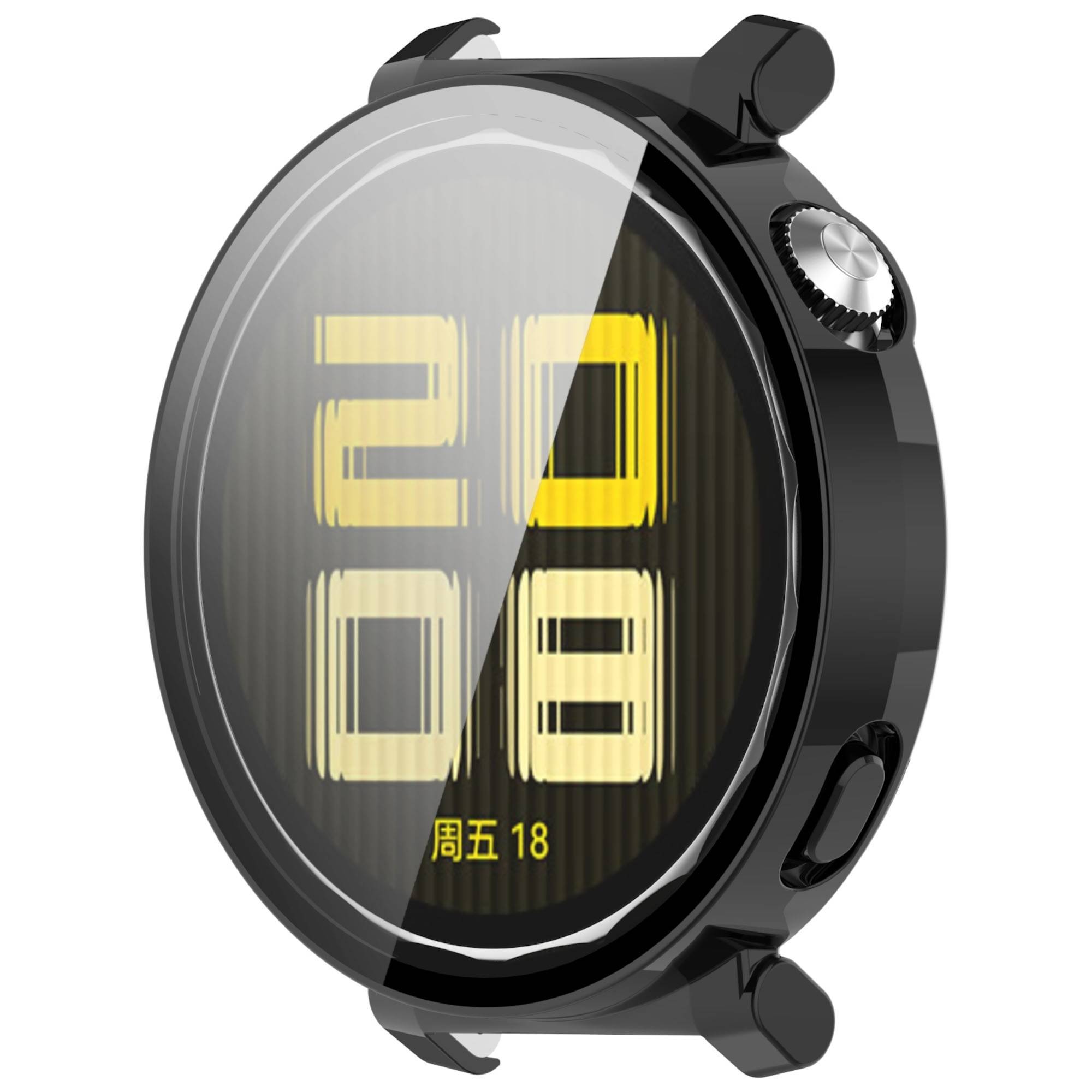 Runde schwarze Smartwatch mit großem digitalen Display, das „20 08