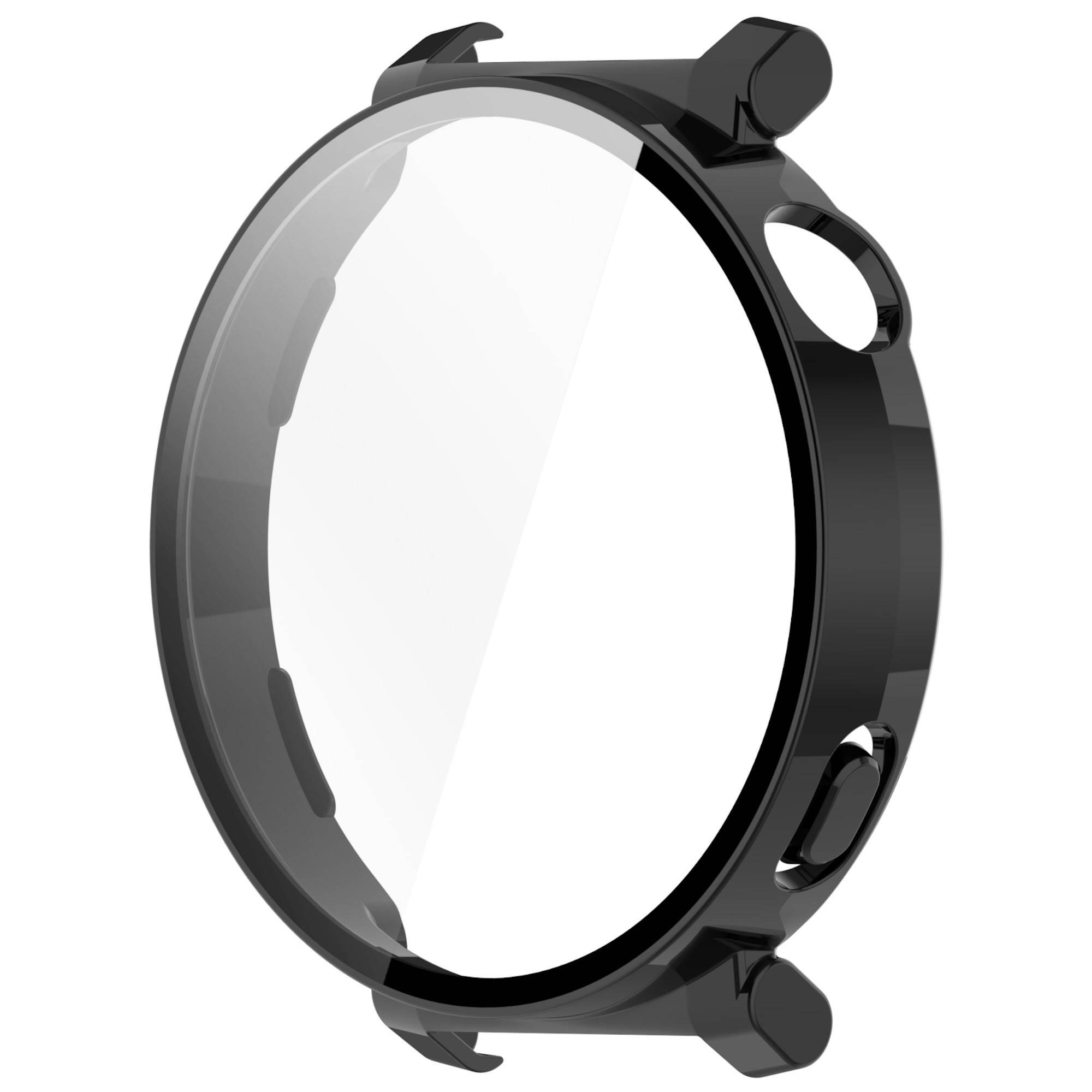 Schwarzes rundes Smartwatch-Gehäuse mit leerer Mitte und seitlichen Tastenöffnungen, dargestellt in einer produktstilisierten 3D-Darstellung auf weißem Hintergrund.