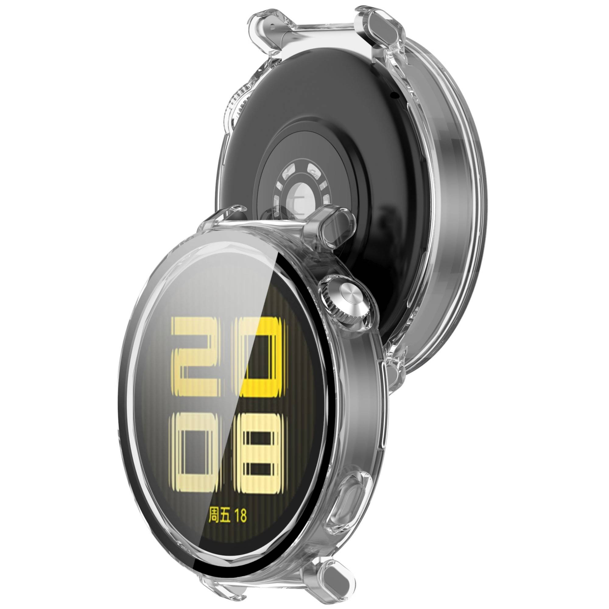 Transparente runde Smartwatch, geöffnet wie eine Muschel, mit einem digitalen Display, das '20 08' und '周五18' anzeigt.