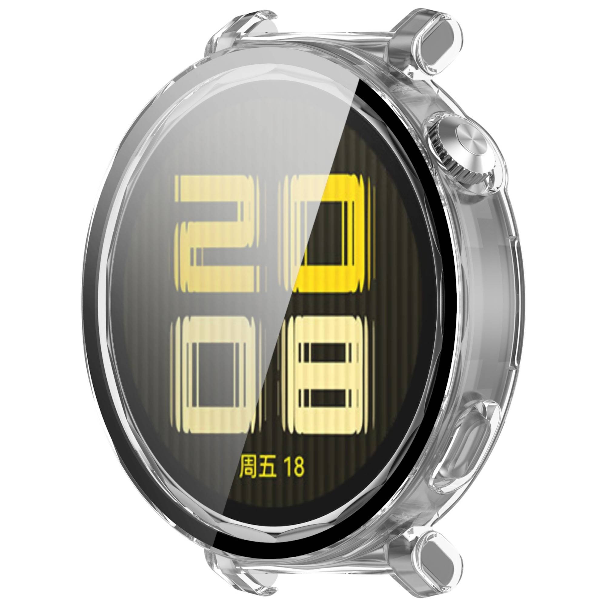 Transparente runde Smartwatch mit gelbem digitalem Datumsdisplay "20 08"" und kleinerer chinesischer Schrift ""周五 18"" auf schwarzem Bildschirm.