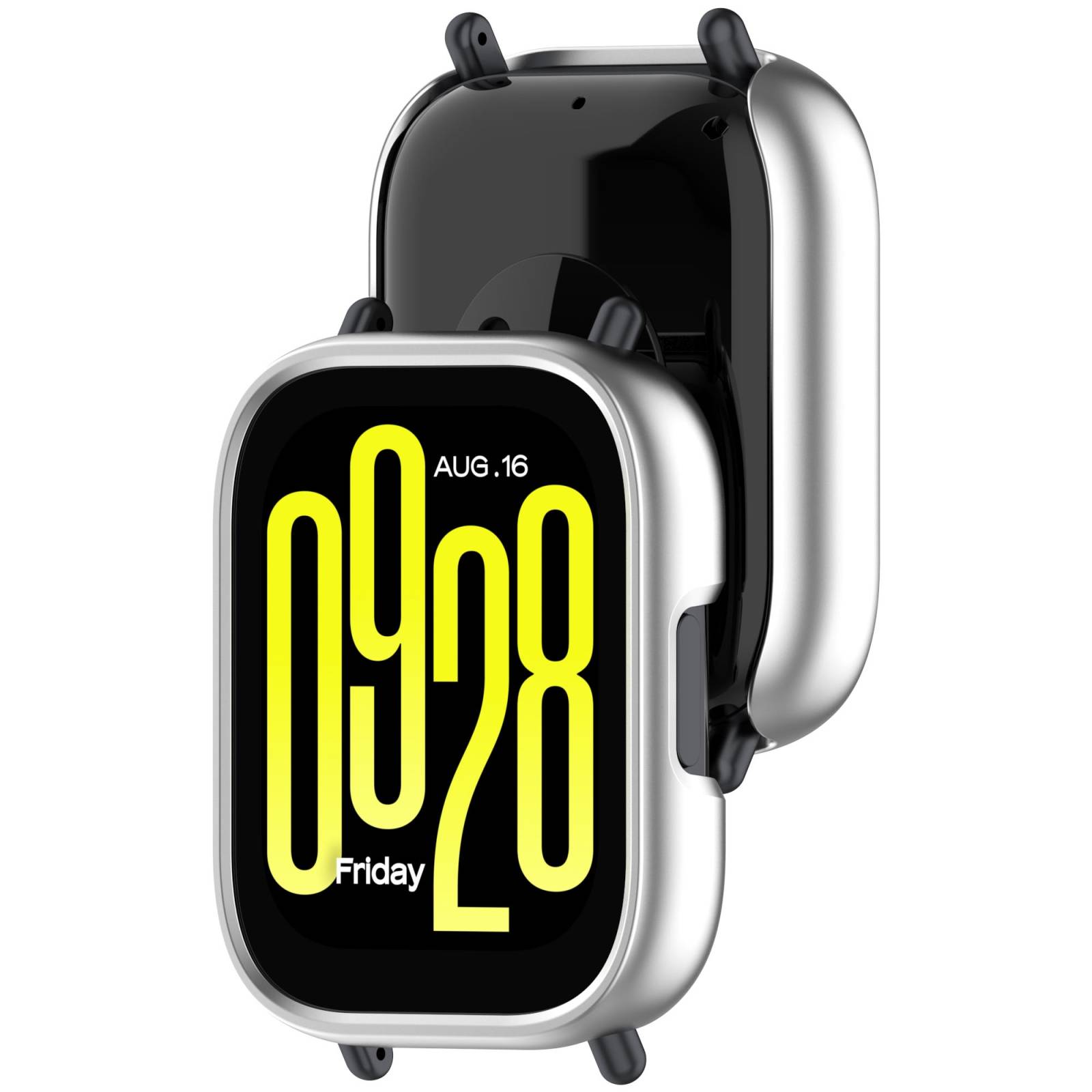 Silberne Smartwatch mit schwarzem Display, auf dem die große gelbe digitale Uhrzeit „09:28
