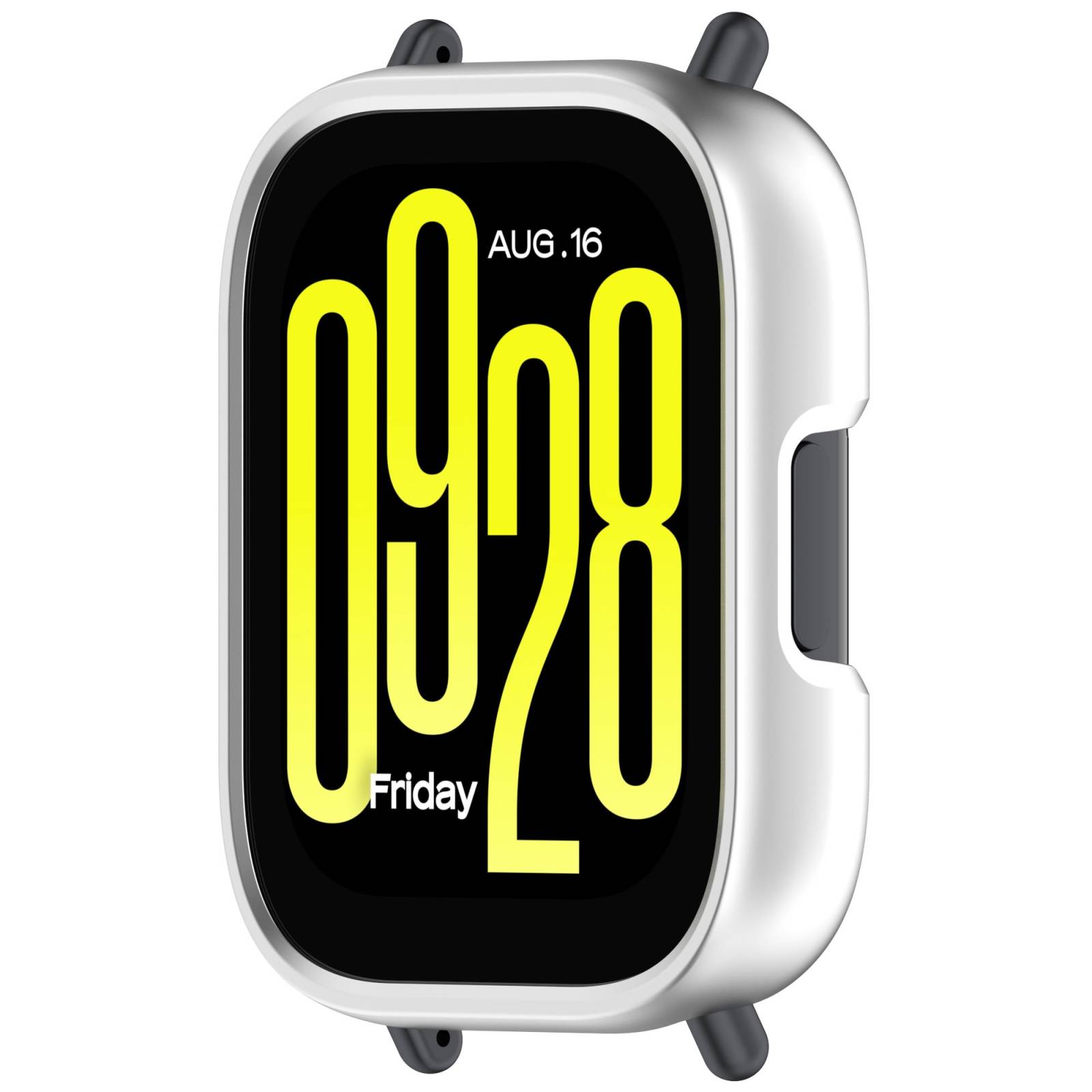 Eine silberne Smartwatch mit schwarzem Display, das die Uhrzeit 09:28, das Datum 16. AUG. und Freitag anzeigt.