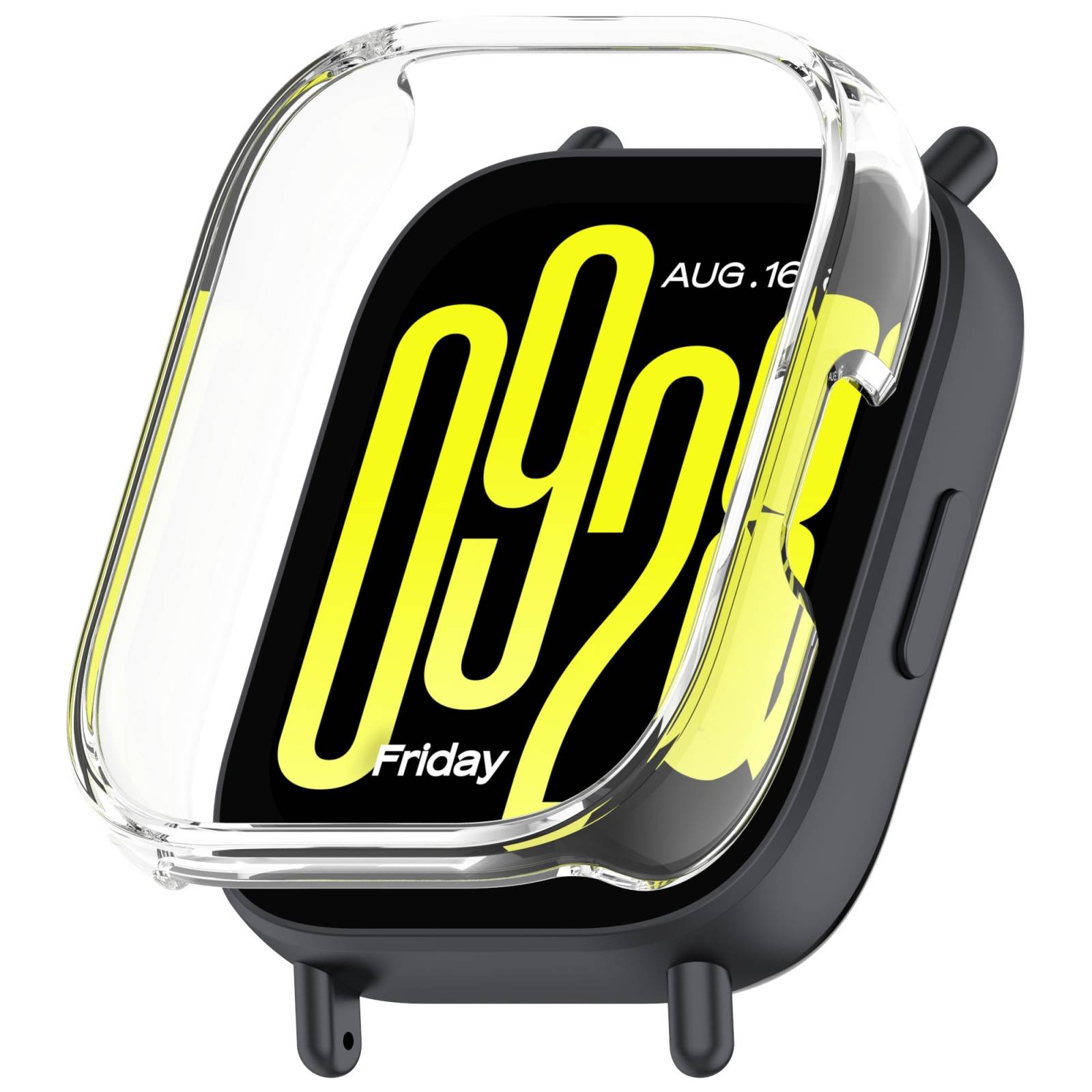 Schwarze quadratische Smartwatch mit transparentem Schutzgehäuse, zeigt auf dem Bildschirm eine gelbe digitale Uhr mit der Zeit 09:29 und das Datum Freitag, 16. AUG.