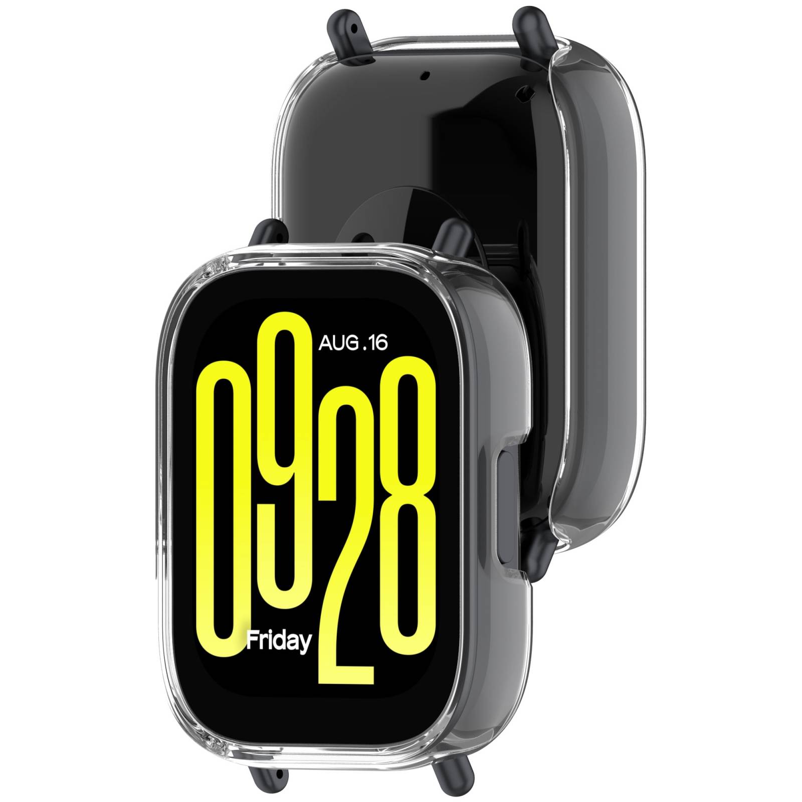 Transparentes Schutzetui für eine rechteckige Smartwatch, vorne und hinten dargestellt, mit schwarzem Zifferblatt, auf dem '19 28', 'AUG.16' und 'Friday' angezeigt werden.