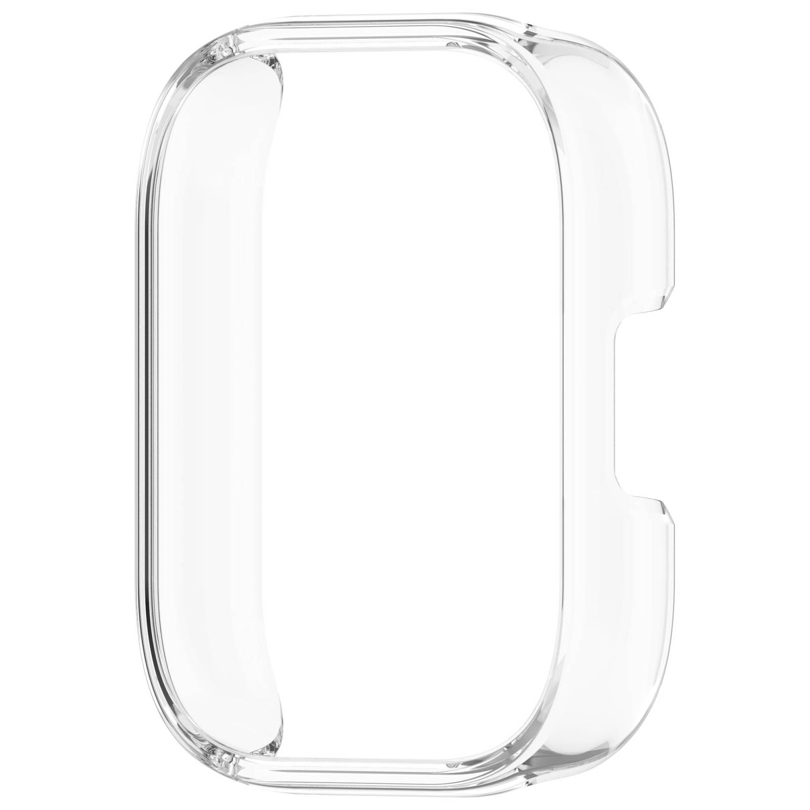 Transparente schützende Schutzhülle für eine rechteckige Smartwatch, Vorderansicht auf weißem Hintergrund.
