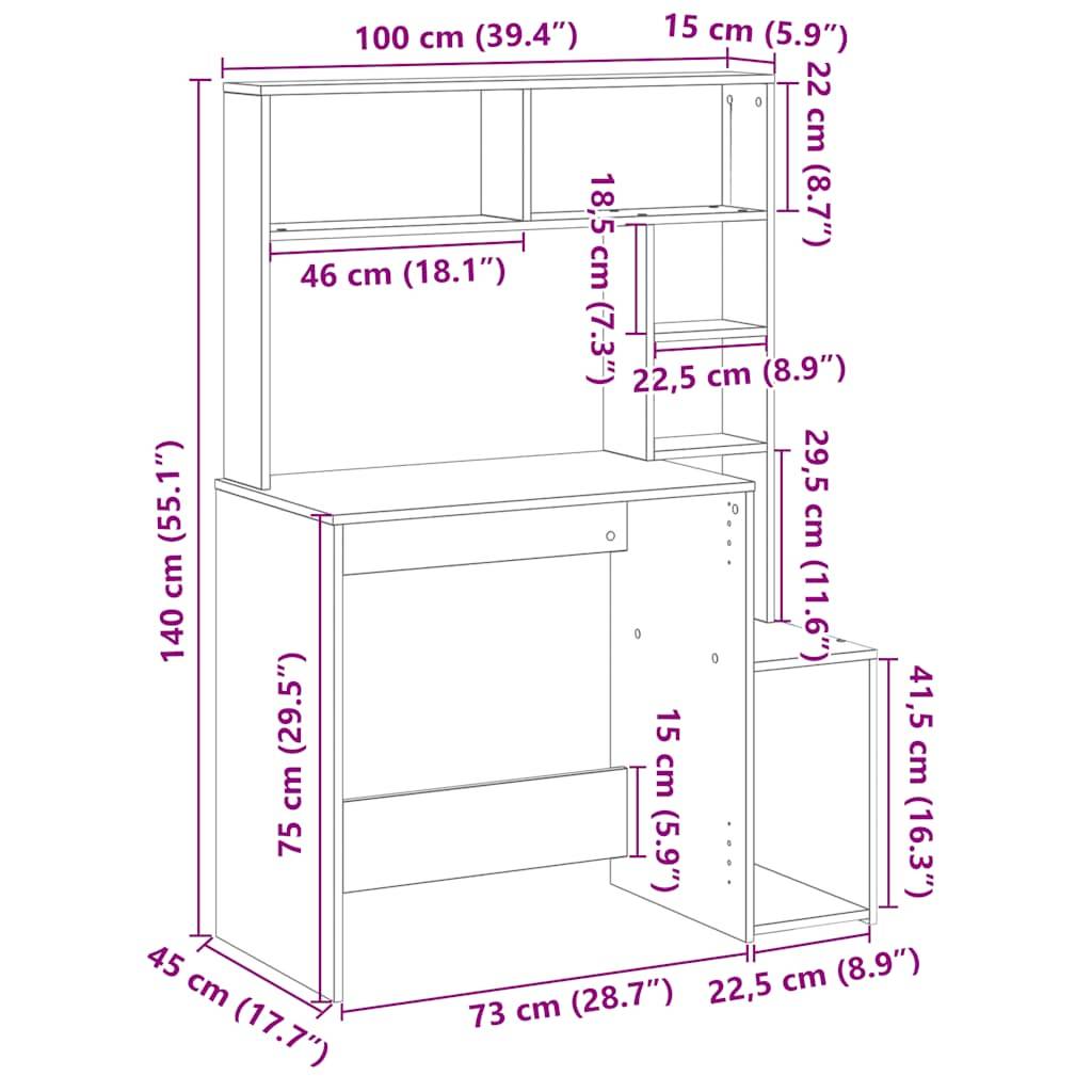 vidaXL Schreibtisch mit Regal Räuchereiche 100x45x140 cm Holzwerkstoff