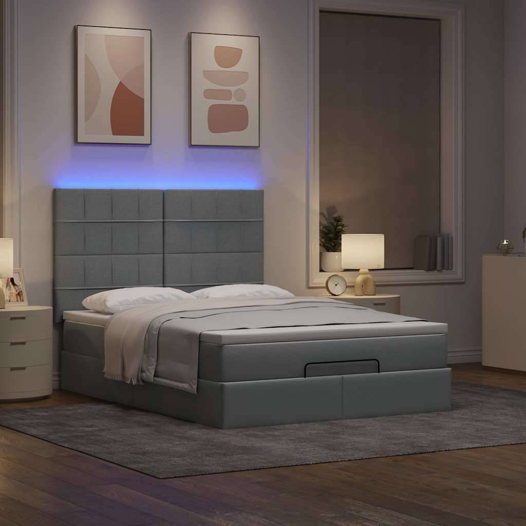 vidaXL Ottoman-Bett mit Matratze & LEDs Hellgrau 140x200 cm Stoff