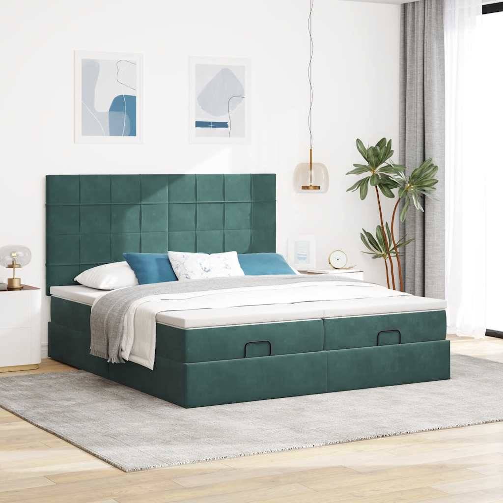 vidaXL Ottoman-Bett mit Matratzen & LEDs Dunkelgrün 200x200 cm Samt