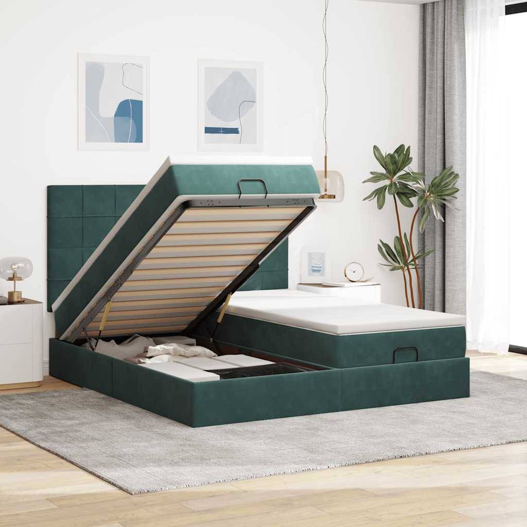 vidaXL Ottoman-Bett mit Matratzen & LEDs Dunkelgrün 200x200 cm Samt