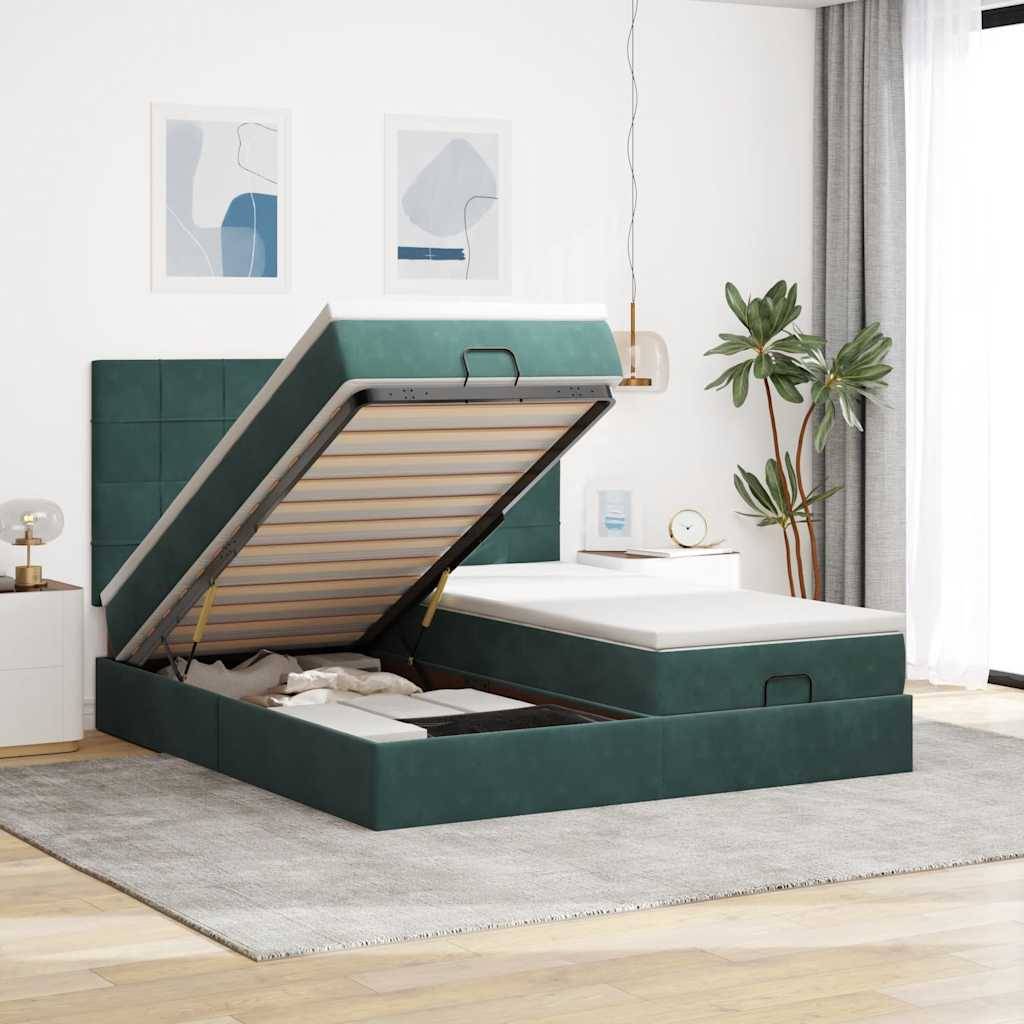 vidaXL Ottoman-Bett mit Matratzen & LEDs Dunkelgrün 200x200 cm Samt