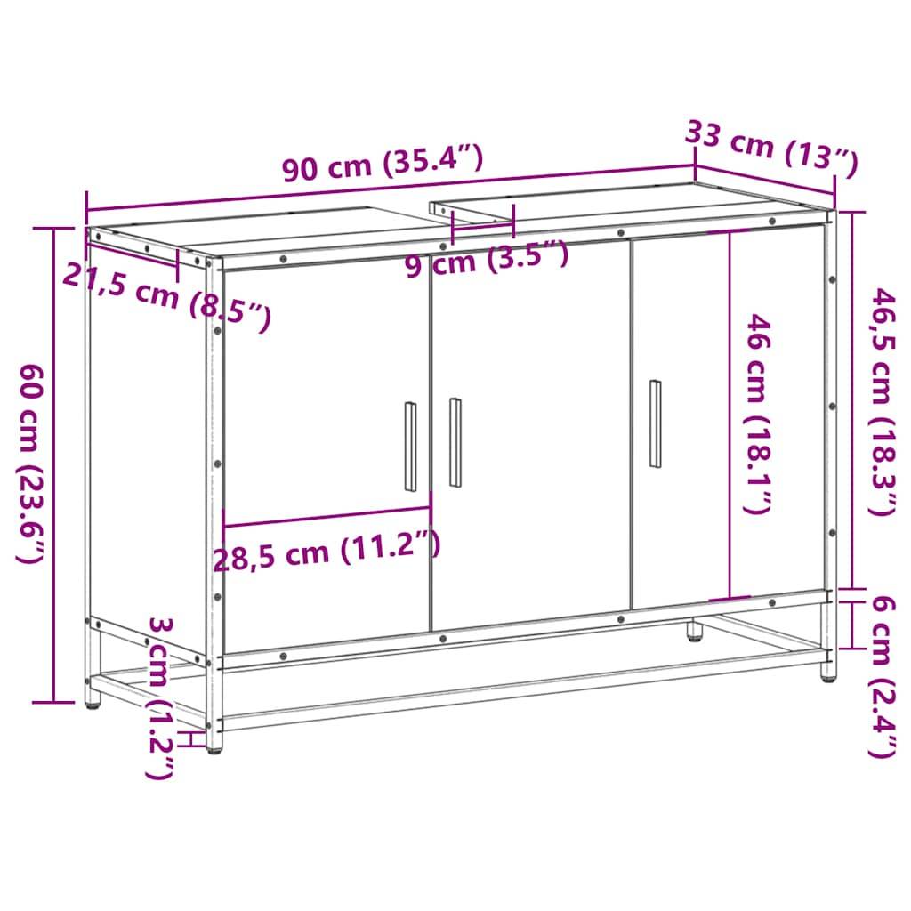vidaXL Waschbeckenunterschrank Grau Sonoma 90x33x60 cm Holzwerkstoff