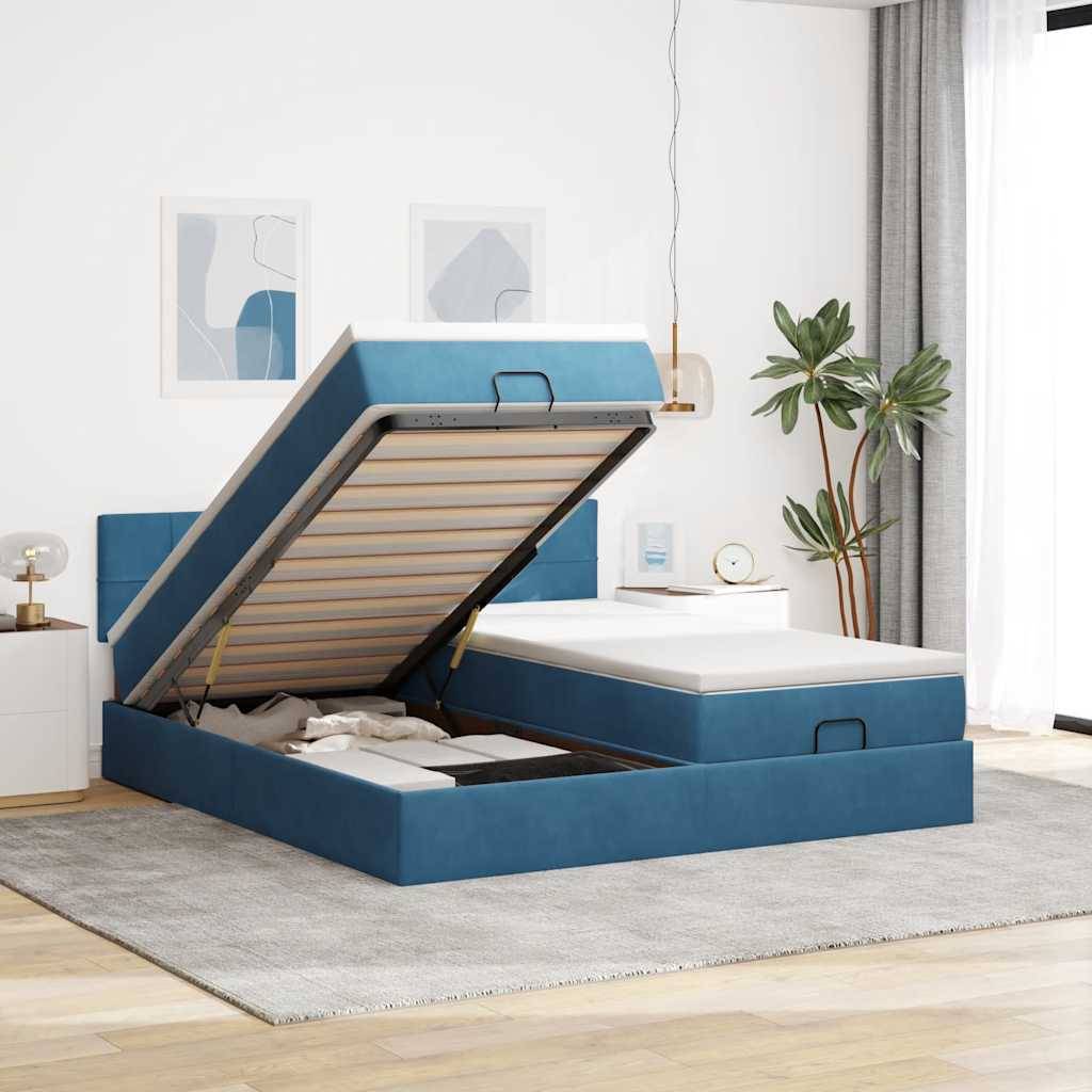 vidaXL Ottoman-Bett mit Matratzen & LEDs Dunkelblau 160x200 cm Samt