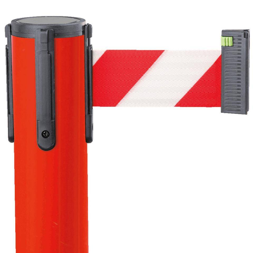 Gurtpfosten, rot, Stahl, Gurt rot/weiß schraffiert, 50mm, 4m, 11kg