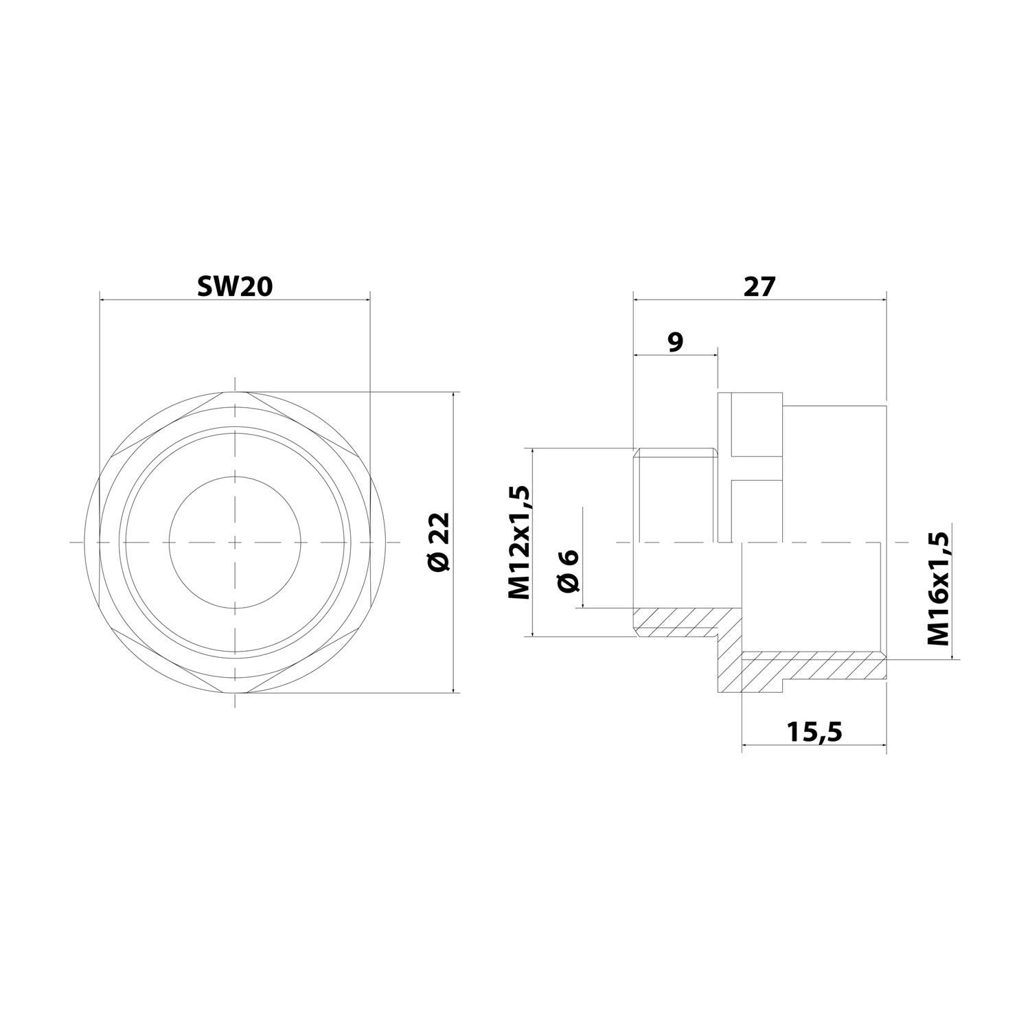 Technische Zeichnung eines mechanischen Teils mit Abmessungen. Die Vorderansicht zeigt eine kreisförmige Komponente mit der Bezeichnung „SW20