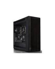 Schwarzer Desktop-Computer-Turm mit Seitenpaneel aus Glas, das interne Komponenten zeigt, und Vorderseite mit Mesh-Belüftung.