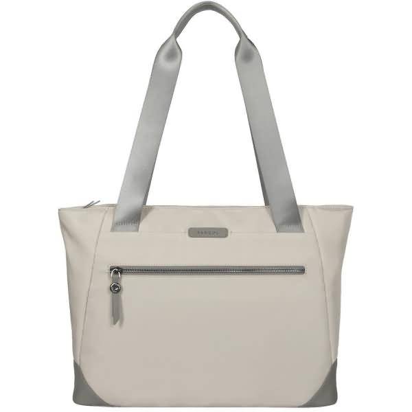 Beige-farbene Tragetasche mit grauen Griffen und Besätzen, mit einer vorderen Reißverschlusstasche und kleinem Logoplakette.