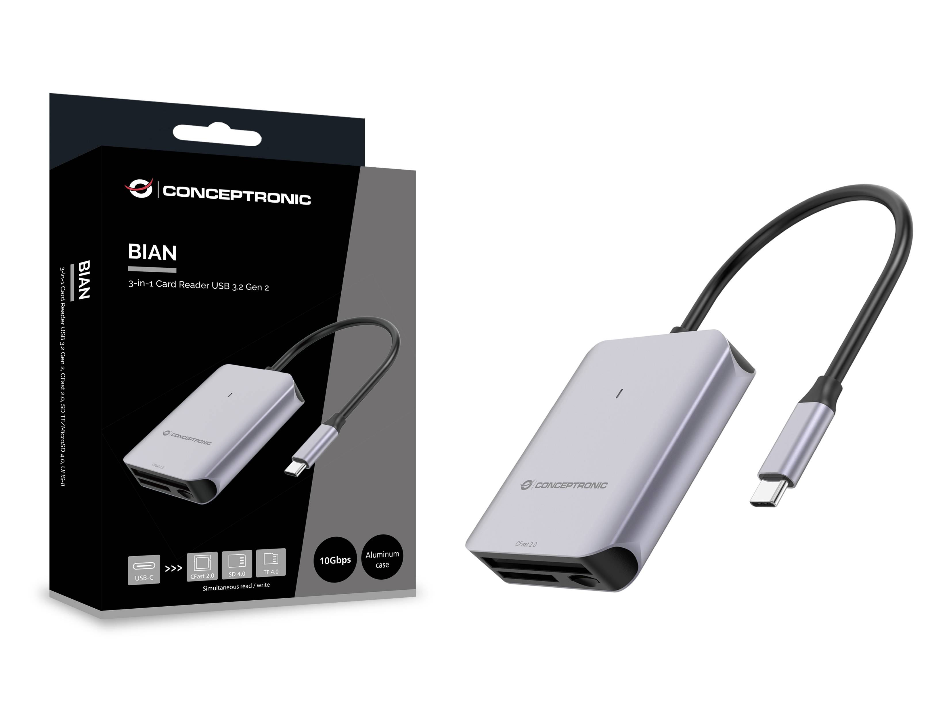 Conceptronic Card USB 3.2 Gen 2 - CFast 2.0 - SD TF/MicroSD 4.0 - Card-Reader - CompactFlash ATA Serial Transfer (CFast)