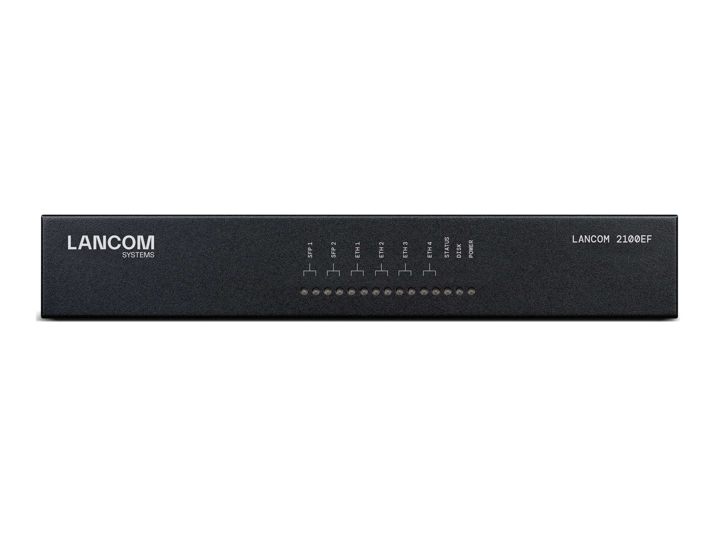 Schwarzes LANCOM Systems 2100EF Netzwerkgerät mit Frontblende, Status-LEDs und nummerierten Port-Indikatoren