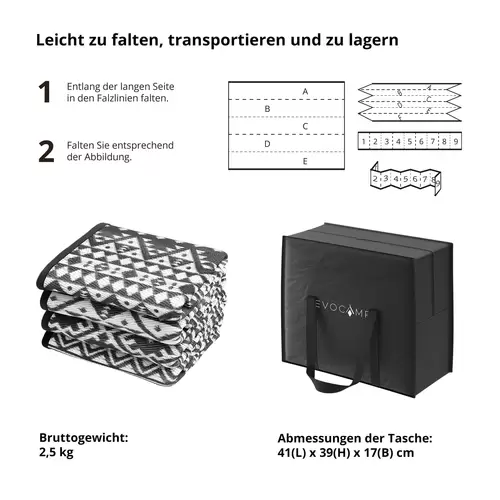EVOCAMP Outdoor Teppich 200x300 cm - Vorzeltteppich wetterfest und leicht Picknickdecke für den Outdoor-Bereich aus Kunststoff-Fasern EVOCAMP Outdoor Teppich 200x300 cm - Vorzeltteppich wetterfest und leicht Picknickdecke für den Outdoor-Bereich aus Kunststoff-Fasern