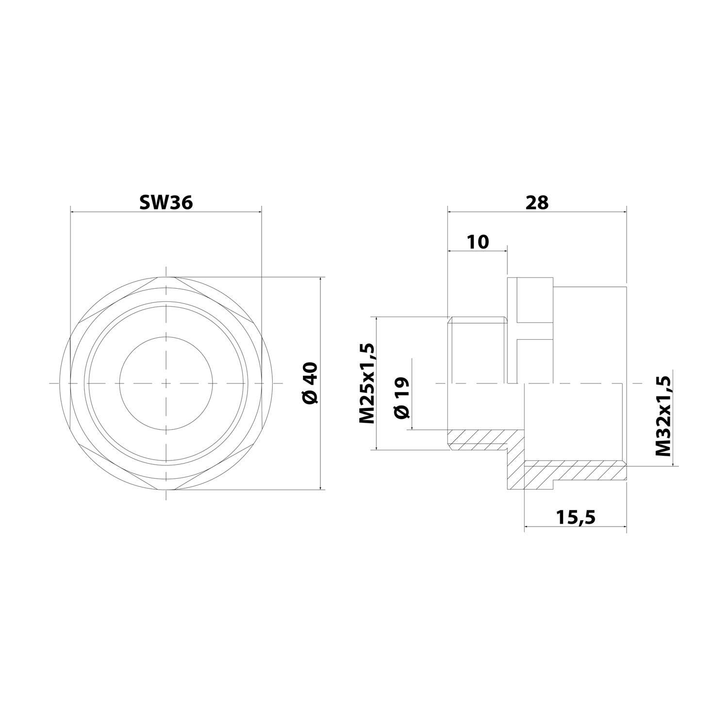 Technische Zeichnung einer zylindrischen Komponente mit Abmessungen: 40mm Durchmesser, 28mm Länge, Gewindegrößen M25x1,5 und M32x1,5, SW36.