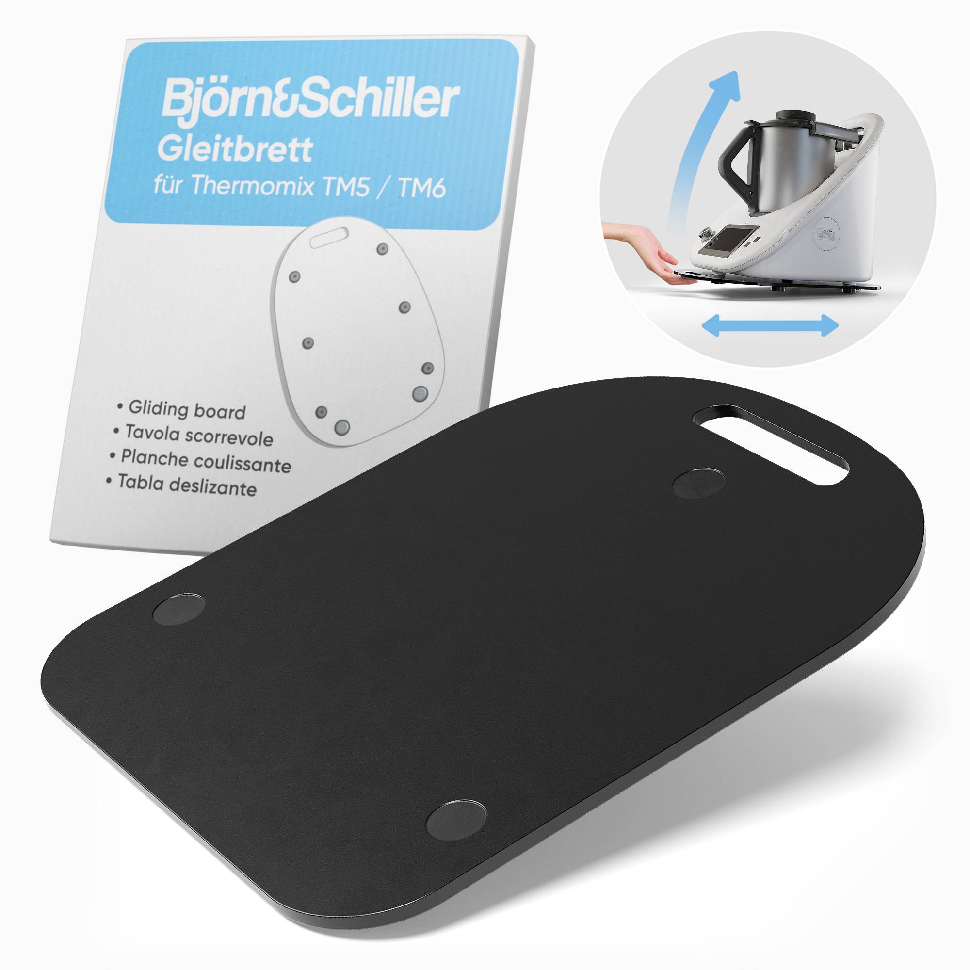Björn&Schiller Thermomix TM6 und TM5 Gleitbrett – Sicheres Zubehör mit Anti-Rutsch-Füßen und Verschiebefunktion, Rollbrett für Thermomix