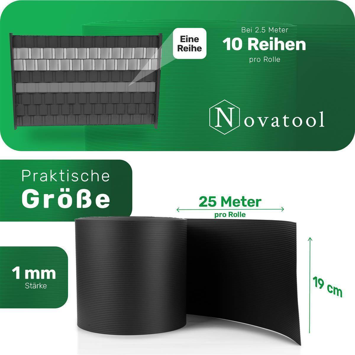 Novatool PREMIUM PP 50m Rollen Sichtschutzstreifen für Doppelstabmattenzaun ANTHRAZIT GRAU für 10 Reihen Stabmattenzaun Sichtschutzstreifen langlebi