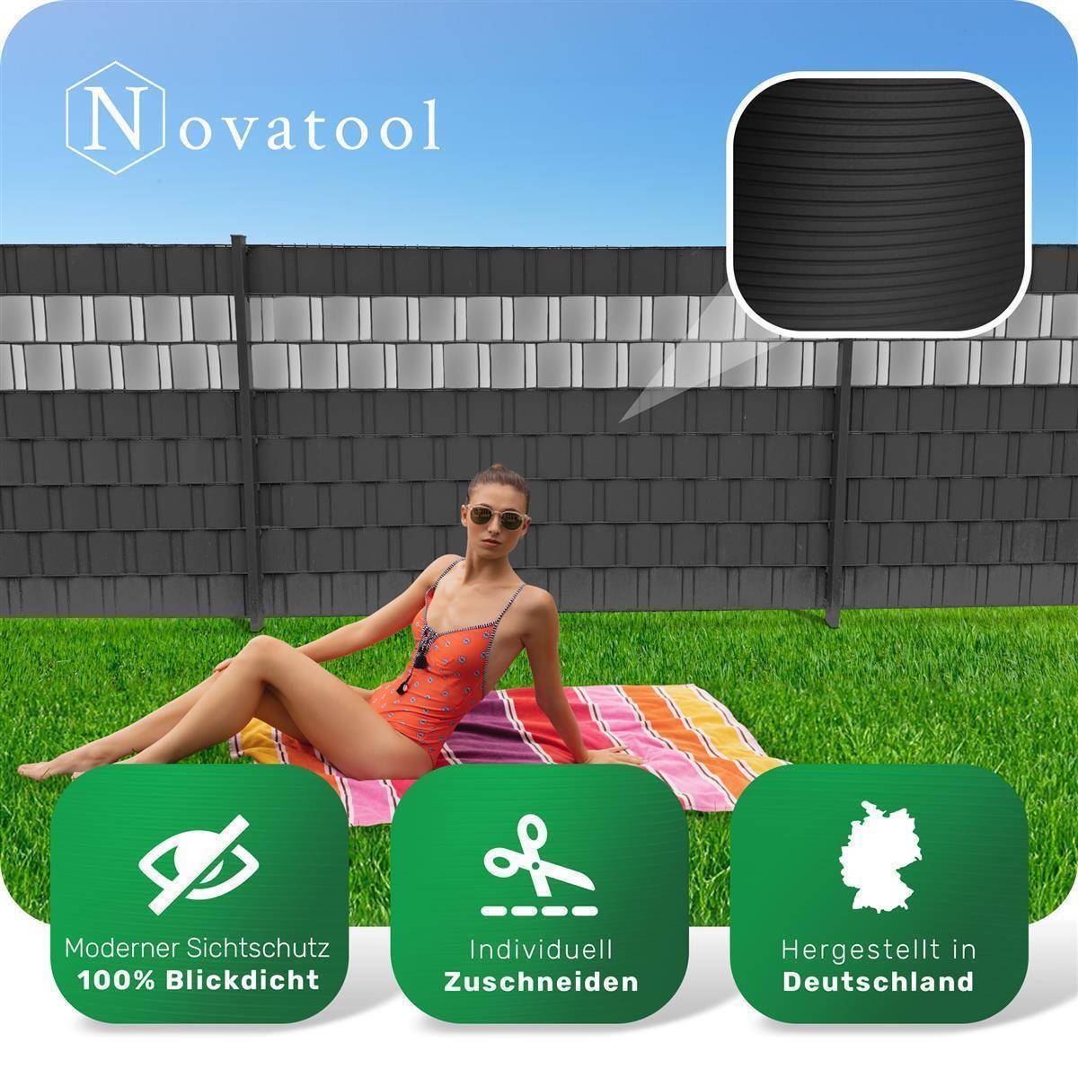 Novatool PREMIUM PP 250m Rollen Sichtschutzstreifen für Doppelstabmattenzaun ANTHRAZIT GRAU für 10 Reihen Stabmattenzaun Sichtschutzstreifen langleb