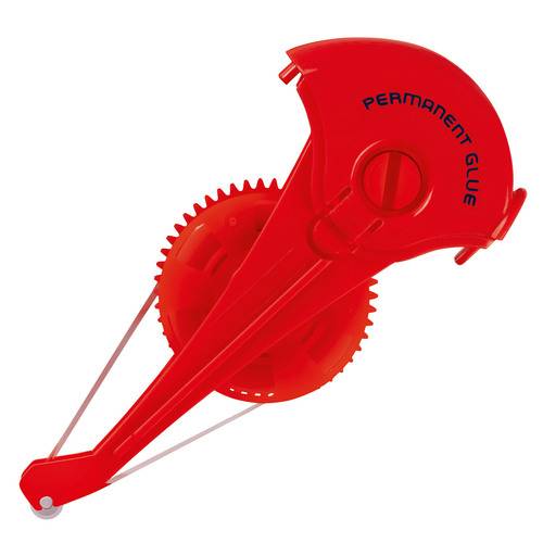 Ein roter Klebstoffband-Abroller mit der Beschriftung „Permanent Glue