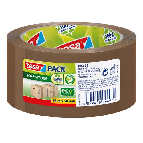 Eine Rolle braunes Packklebeband mit der Aufschrift „tesa PACK ECO & STRONG