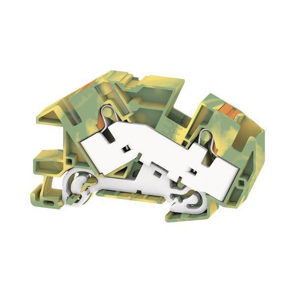 Ein grün-gelber Elektroanschlussblock mit sichtbaren internen Verbindungskomponenten.