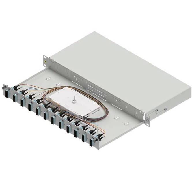 Optisches Faserverteilerpanel mit mehreren Anschlüssen und einer zentral montierten Komponente. Kabel sind entlang der Basis sichtbar.