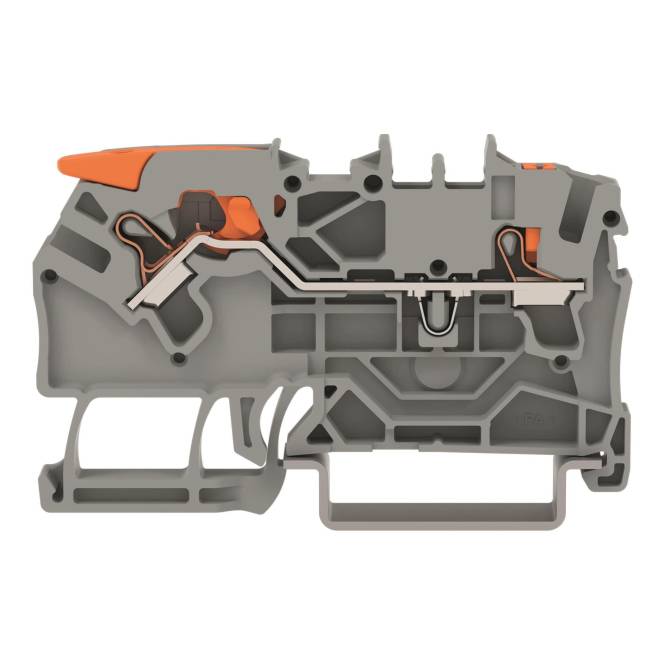 Querschnitt einer komplexen mechanischen Komponente mit verschiedenen Wegen und Verbindungen. Überwiegend grau mit orangefarbenen Highlights.