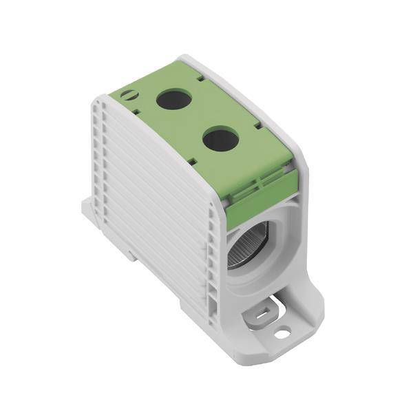 Ein Kunststoff-Elektrikblock mit grüner Oberseite und zwei Löchern für Drahtverbindungen, konzipiert zur Montage in elektrischen Systemen.
