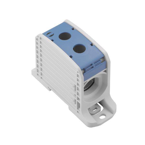 Ein weiß-blaues Elektroklemmenblock mit zwei Drahtöffnungen und einer Montagebasis, das zum Verbinden von Stromkreisen verwendet wird.