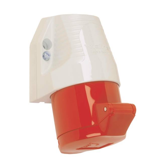 Eine weiß-rote, wandmontierte Außensicherheitsalarmanlage mit einem sichtbaren blauen Sensor an der Seite, die zur Warnung bei Einbrüchen verwendet wird.