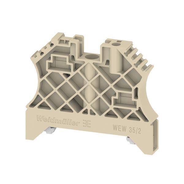 Ein beiges Weidmüller-Klemmleistenmodul, Modell WEW 35/2, mit einem gitterartigen Muster, das für elektrische Verbindungen in industriellen Anwendungen verwendet wird.