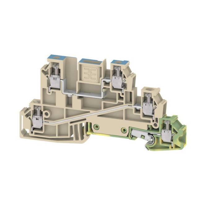 Ein beiges modulares Klemmleisten-System mit mehreren Anschllusspunkten und kompaktem Design, das für die elektrische Verdrahtung in Schaltschränken verwendet wird.