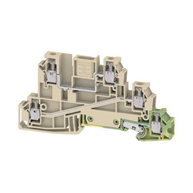 Klemmleiste mit mehreren Anschllusspunkten für elektrische Verdrahtung, mit beigefarbenem Kunststoffgehäuse und Metallverbindern.